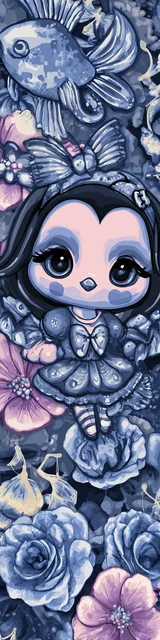 Free kawaii bookmark featuring a penguin with pink and blue flowers